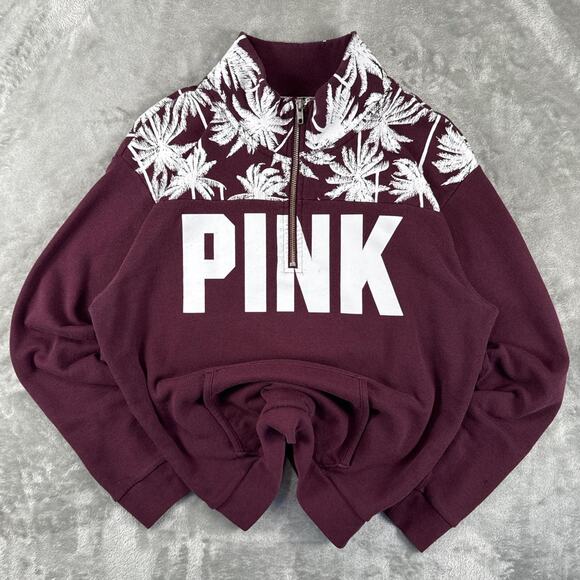 Victoria's Secret PINK Tops - PINK Palm Tree Logo 1/4 Quarter Zip Sweatshirt Maroon/Burgundy Size Medium